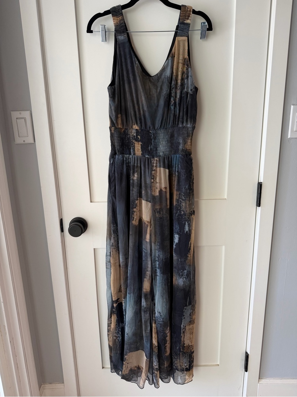 Sleeveless V-Neck Pant Jumpsuit in Charcoal and Tan